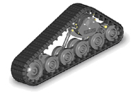 Twenty-four rubber wheels spread machine weight evenly over 15-inch wide rubber tracks, providing exceptional traction and stability.